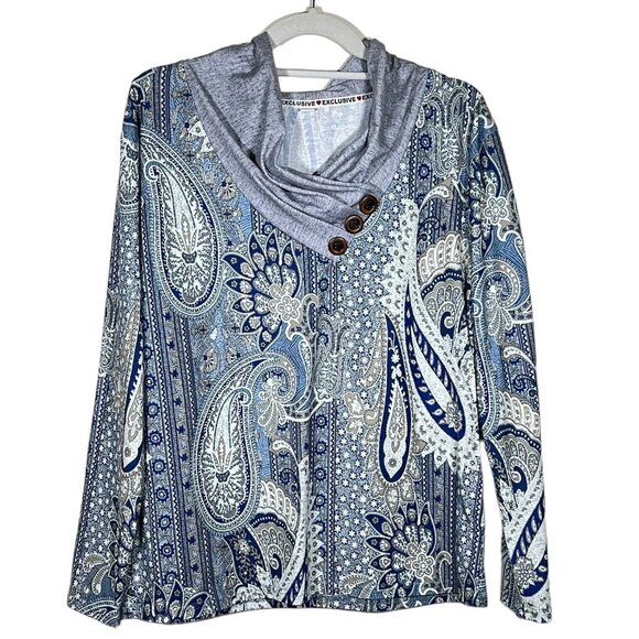 Exclusive ❤ - Women's Size M - Blue & Gold Paisley Design - Long Sleeve - Picture 1 of 10